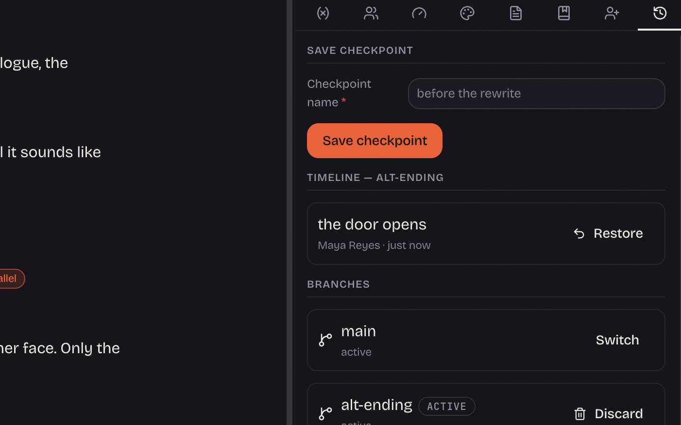 The history panel: named checkpoints with restore, a main branch and an active alt-ending branch, and a merge button