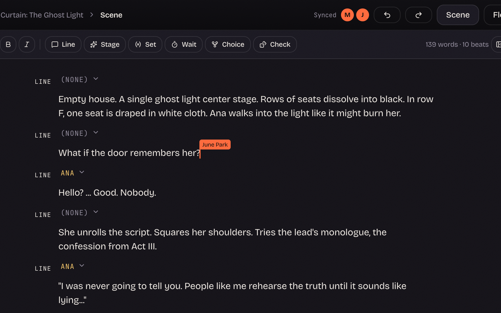 Two writers in the same scene: the co-writer's named caret inside the script, the presence roster above