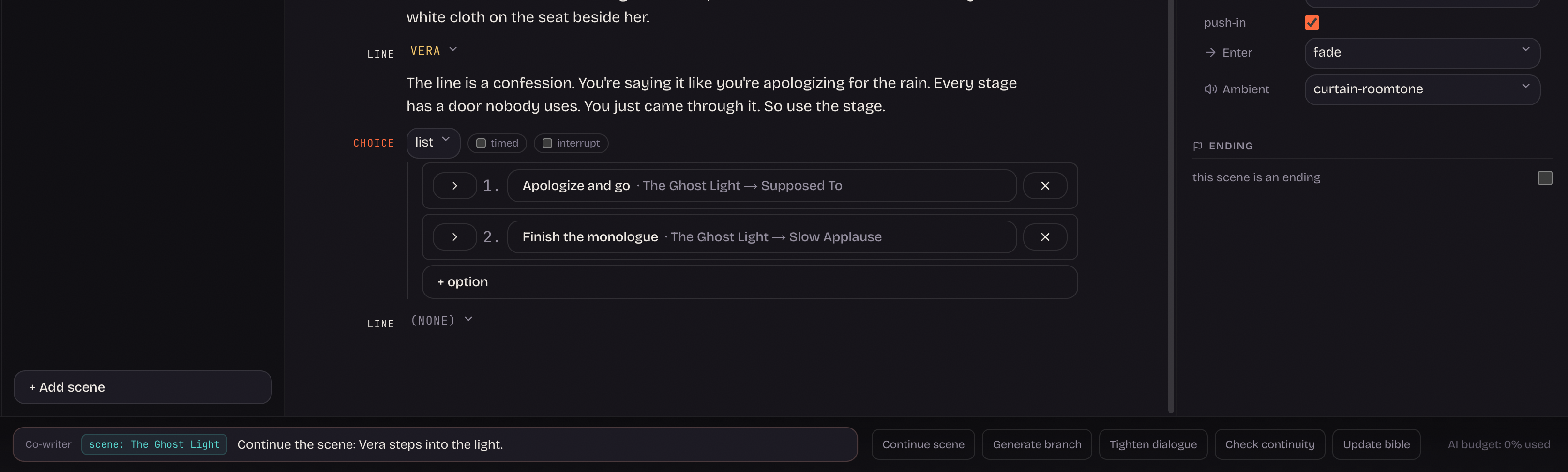 The co-writer bar under the script, with a prompt typed in